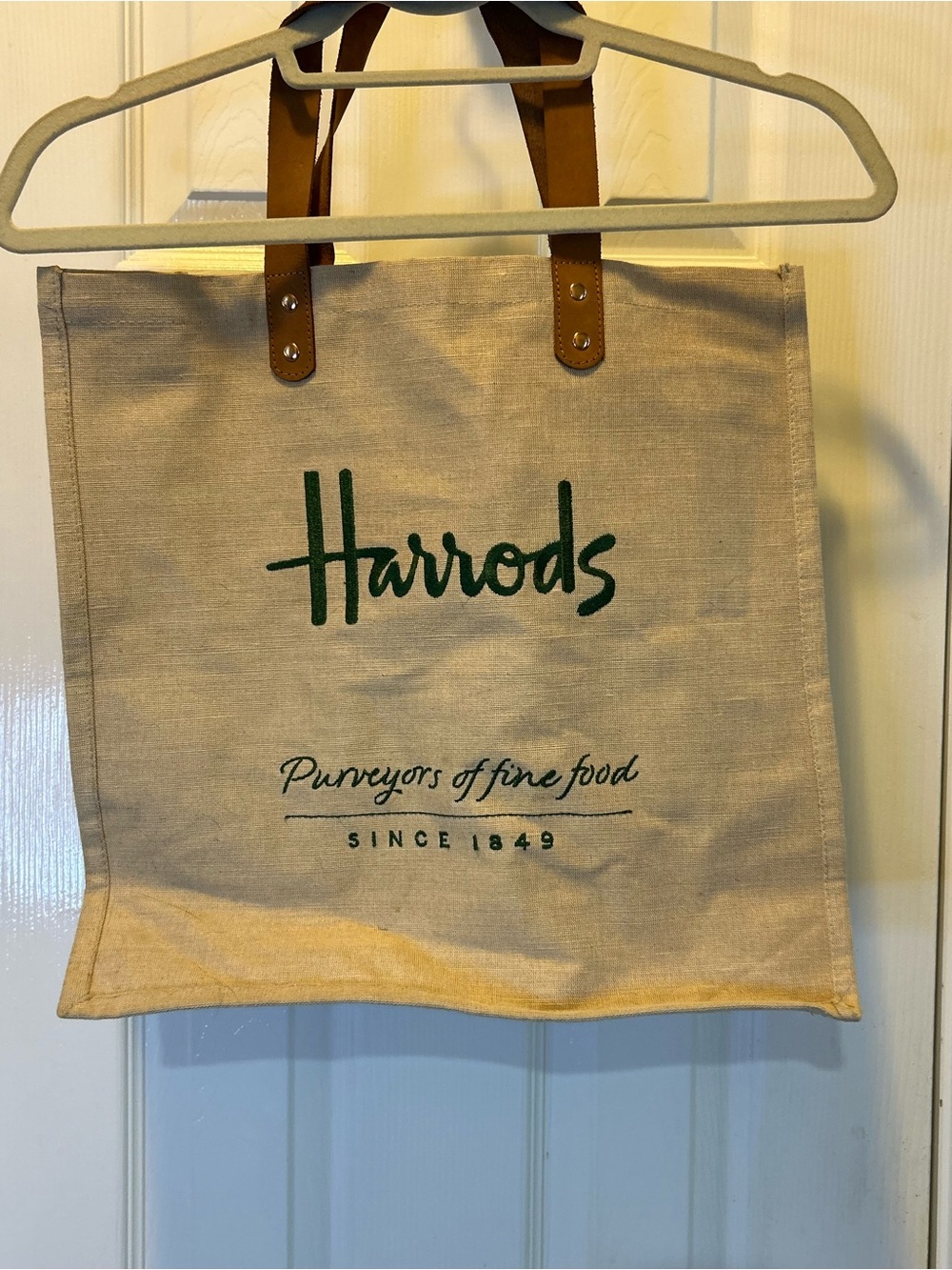 Harrods Natural Canvas Tote with Green Logo and Tan Handles - Picture 6 of 7